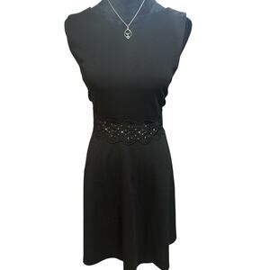 Owin Black Midi Dress with floral waist center-crew neck-Size L—NWT